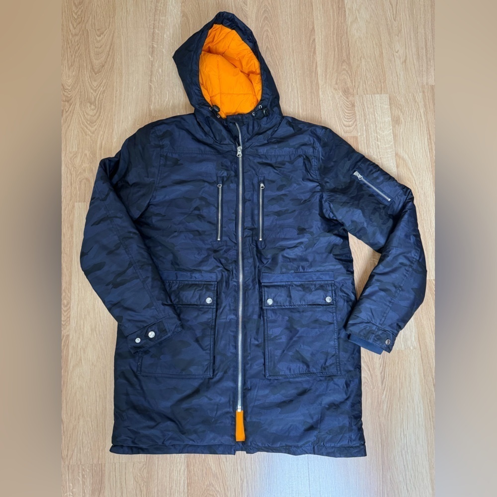 NWOT SLATE & STONE Greg Blue Gray Camo Hooded Puffer Coat Parka Size Large